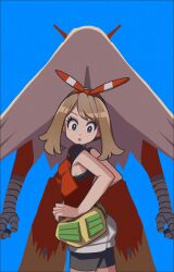 Rule 34 | 1girl, absurdres, asia (aji19081), bike shorts, bike shorts under shorts, black shorts, blaziken, blue background, blue eyes, breasts, creatures (company), d:, eyelashes, fanny pack, frown, game freak, gen 3 pokemon, hairband, highres, light brown hair, may (pokemon), medium hair, nintendo, open mouth, pokemon, pokemon (creature), pokemon oras, red hairband, red tank top, shorts, small breasts, solo, standing, tank top, white shorts