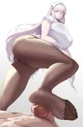 Rule 34 | 1girl, ass, breasts, cum, fate/grand order, fate (series), feet, florence nightingale (fate), florence nightingale (santa) (fate), footjob, glasses, gloves, large breasts, light purple hair, long hair, looking at viewer, nurse, pantyhose, penis, pov, red eyes, soles, syringe, toes, uncensored, upskirt