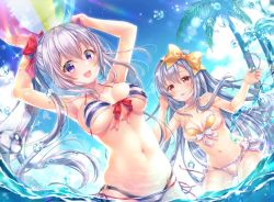 Rule 34 | 2girls, :d, aoba chise, aoba project, aoba rena, armpits, arms up, ball, bare arms, bare shoulders, beachball, bikini, blue hair, blue sky, bow, breasts, breasts apart, cloud, day, floating hair, front-tie bikini top, front-tie top, gluteal fold, hair bow, halterneck, highleg, highleg bikini, holding, large breasts, lens flare, long hair, looking at viewer, mismatched bikini, multiple girls, navel, open mouth, outdoors, palm tree, parted lips, purple eyes, red bow, red eyes, sakura moyon, silver hair, sky, smile, stomach, striped bikini, striped clothes, sunlight, swimsuit, tree, very long hair, wading, water, yellow bow