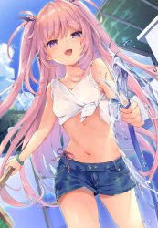 Rule 34 | 1girl, :d, bare arms, bare shoulders, bead bracelet, beads, bikini, bikini under clothes, blue shorts, bracelet, breasts, cloud, commentary request, cowboy shot, crop top, day, denim, denim shorts, fang, front-tie top, highres, holding, hose, jewelry, kedama milk, long hair, looking at viewer, midriff, mop, navel, open mouth, original, outdoors, pink hair, purple eyes, sakyumama (kedama milk), shirt, short shorts, shorts, side-tie bikini bottom, side-tie peek, sleeveless, sleeveless shirt, slit pupils, small breasts, smile, solo, standing, stomach, sunlight, swimsuit, thighs, two side up, very long hair, water, white shirt