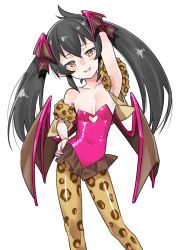 Rule 34 | 1girl, animal print, arm behind head, arm up, bare shoulders, black hair, blush, breasts, clothing cutout, demon girl, demon wings, detached sleeves, feet out of frame, gengorou, glowing, glowing eyes, hand on own hip, head tilt, heart cutout, highres, idolmaster, idolmaster cinderella girls, leopard print, leotard, long hair, looking at viewer, matoba risa, pantyhose, parted lips, pink leotard, print pantyhose, sidelocks, simple background, small breasts, smile, solo, strapless, strapless leotard, twintails, white background, wing hair ornament, wings, yellow eyes