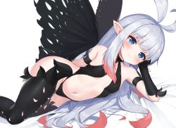Rule 34 | 1girl, 2drr, anne (bravely second), antenna hair, arm behind back, black footwear, black gloves, black leotard, black thighhighs, blue eyes, blush, boots, bravely default (series), bravely second: end layer, breasts, butterfly wings, center opening, cheek rest, commission, commissioner upload, fairy, gloves, highleg, highleg leotard, insect wings, legs, leotard, long hair, lying, on side, pixiv commission, pointy ears, silver hair, smile, solo, thigh boots, thighhighs, thighs, wings