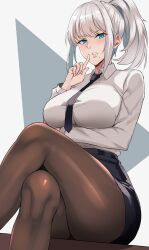 Rule 34 | 1girl, a2 (nier:automata), arm under breasts, black skirt, blue eyes, breasts, collared shirt, commentary, crossed legs, english commentary, finger to mouth, hair between eyes, high ponytail, highres, lainart, large breasts, mole, mole under mouth, necktie, nier:automata, nier (series), pantyhose, ponytail, shirt, short ponytail, shushing, sidelocks, sitting, skirt, solo, thighs, white hair
