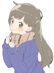 Rule 34 | 1girl, absurdres, bad id, bad twitter id, blue sweater, blush, brown eyes, brown hair, brown scarf, closed mouth, donguri suzume, hair tie, highres, long hair, long sleeves, looking at viewer, original, ribbed sweater, scarf, side ponytail, simple background, smile, solo, sweater, upper body, white background