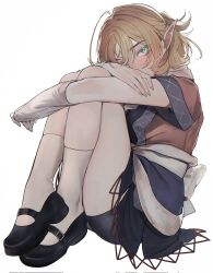 Rule 34 | 1girl, bike shorts, black footwear, black skirt, blonde hair, brown shirt, commentary request, covering own mouth, crossed arms, full body, highres, knees up, looking at viewer, mary janes, mizuhashi parsee, pointy ears, sakuratsuki, scarf, shirt, shoes, short hair, short sleeves, simple background, sitting, skirt, solo, touhou, white arm warmers, white background, white scarf