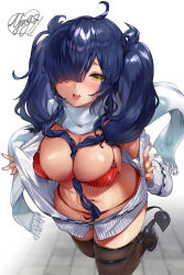Rule 34 | 1girl, absurdres, bad id, bad twitter id, between breasts, bikini, blue hair, blush, breasts, choker, cleavage, collarbone, demon girl, demon tail, hair over one eye, highres, large breasts, long hair, looking at viewer, lucia (ogino atsuki), messy hair, navel, open mouth, original, scarf, solo, sweater, swimsuit, tail, thighhighs, twintails, yanyo (ogino atsuki), yellow eyes