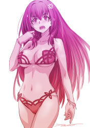 Rule 34 | 1girl, anger vein, bare shoulders, bikini, blush, breasts, cleavage, collarbone, fate/grand order, fate (series), hair between eyes, hair intakes, highres, kazuma muramasa, large breasts, long hair, looking at viewer, monochrome, navel, open mouth, scathach (fate), scathach (fate/grand order), scathach (swimsuit assassin) (fate), simple background, solo, swimsuit, thighs, white background