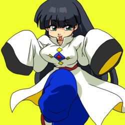 Rule 34 | 1girl, :p, black hair, blue pants, blunt bangs, breasts, brown footwear, chinese clothes, cowboy shot, genderswap, genderswap (mtf), green eyes, large breasts, leg up, long hair, long sleeves, looking at viewer, mousse (ranma 1/2), oversized clothes, pants, ranma 1/2, shirt, shoes, simple background, slippers, smile, solo, standing, standing on one leg, tongue, tongue out, wanta (futoshi), white shirt, wide sleeves, yellow background