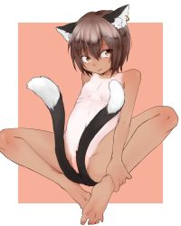 Rule 34 | 1girl, :3, animal ears, barefoot, brown eyes, brown hair, cat ears, cat tail, chen, convenient censoring, earrings, feet, flat chest, jewelry, looking away, moguri m, multiple tails, nipples, nude, one-piece tan, simple background, solo, spread legs, tail, tail censor, tan, tanline, touhou