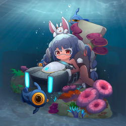Rule 34 | 1girl, absurdres, air bubble, ame., animal ear fluff, animal ears, bare shoulders, barefoot, black one-piece swimsuit, blue hair, blush, bow, braid, bubble, carrot hair ornament, closed mouth, commentary request, food-themed hair ornament, goggles, hair between eyes, hair bow, hair ornament, highres, holding, hololive, long hair, looking at viewer, multicolored hair, one-piece swimsuit, peeper (subnautica), pekomon (usada pekora), rabbit ears, rabbit girl, rabbit tail, red eyes, shoes, short eyebrows, simple background, smile, solo, subnautica, swimsuit, tail, thick eyebrows, twin braids, twintails, two-tone hair, underwater, usada pekora, very long hair, virtual youtuber, white background, white footwear, white hair, x x