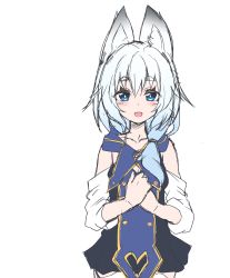 Rule 34 | 1girl, absurdres, animal ears, blue eyes, blue hair, blush, detached sleeves, female focus, fox ears, highres, looking at viewer, niwaka potato, open mouth, original, own hands together, ponytail, simple background, solo, white background