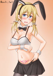 Rule 34 | 1girl, anchor hair ornament, animal ears, anti (untea9), aqua eyes, black bow, black bowtie, black pantyhose, black skirt, blonde hair, bow, bowtie, breasts, cleavage, commentary request, cowboy shot, detached collar, fake animal ears, gradient background, hair ornament, hat, highres, kantai collection, leotard, long hair, looking at viewer, medium breasts, midriff, navel, orange background, pantyhose, peaked cap, playboy bunny, pleated skirt, prinz eugen (kancolle), pubic tattoo, rabbit ears, skirt, solo, standing, tattoo, twintails, twitter username, wrist cuffs