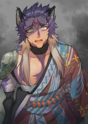 Rule 34 | 1boy, animal ears, armor, facepaint, facial hair, floral print, fur, green eyes, grey background, highres, japanese clothes, light brown hair, long hair, makeup, male focus, multicolored hair, murakumo (rune factory), open mouth, purple hair, rune factory, rune factory 5, shaded face, shoulder armor, simple background, solo, sundaaay, sweat, upper body