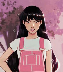 Rule 34 | 1girl, bishoujo senshi sailor moon, black eyes, black hair, blunt bangs, cherry blossoms, commentary, eyelashes, gittanart, hand on own hip, highres, hino rei, long hair, looking at viewer, notice lines, overalls, pink lips, pink overalls, shirt, solo, sparkle, t-shirt, upper body, white shirt