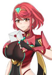Rule 34 | 1girl, black gloves, blush, breasts, chest jewel, desspie, earrings, fingerless gloves, gem, gloves, headpiece, highres, jewelry, large breasts, nintendo, pyra (xenoblade), red eyes, red hair, red shorts, short hair, short shorts, shorts, sidelocks, smile, solo, super smash bros., swept bangs, tiara, xenoblade chronicles (series), xenoblade chronicles 2