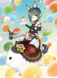 Rule 34 | 1girl, :p, animal ears, bad id, bad pixiv id, balloon, blunt bangs, blurry, blurry foreground, blush, cake, cat teaser, eating, extra ears, fake animal ears, fat cat (ff14), final fantasy, final fantasy xiv, food, fork, fox ears, green eyes, green hair, kanora, lalafell, pointy ears, riding, shorts, solo, thighhighs, tongue, tongue out, warrior of light (ff14), white thighhighs