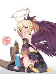 1boy 1girl absurdres ahoge arms_between_legs black_feathers black_hair black_thighhighs blonde_hair blush broken_halo brown_gloves brown_pants clear_(fallen)_(princess_connect!) clear_(princess_connect!) detached_sleeves fallen_angel feathers from_behind gloves halo highres lock_003 lying on_back on_ground open_mouth pants ponytail princess_connect! purple_wings see-through see-through_sleeves simple_background sitting sitting_on_face sitting_on_person thighhighs thighs thumbs_up torn_clothes torn_thighhighs white_background wings yellow_eyes yuuki_(princess_connect!)