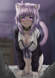 Rule 34 | 1girl, absurdres, all fours, animal ears, artist request, blush, breasts, cat ears, cat girl, cat tail, cleavage, collar, highres, hololive, large breasts, licking lips, looking at viewer, nekomata okayu, open clothes, open shirt, pov, pov crotch, purple eyes, purple hair, smile, solo focus, tail, tongue, tongue out, virtual youtuber