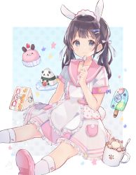 Rule 34 | 1girl, animal ears, apron, black hair, blue background, blush, bow, bunny girl, closed mouth, commentary request, cupcake, food, frilled apron, frilled skirt, frills, grey eyes, hair bow, highres, holding, holding spoon, ice cream, long hair, looking at viewer, onigiri, original, pink footwear, pink sailor collar, polka dot, polka dot background, rabbit ears, rabbit tail, sailor collar, sandwich, sencha (senta 10), shirt, shoe soles, shoes, short sleeves, sitting, skirt, smile, socks, solo, spoon, star (symbol), tail, twintails, two-tone background, white apron, white background, white bow, white shirt, white skirt, white socks