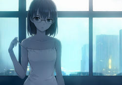 Rule 34 | 1girl, arm at side, bare arms, bare shoulders, black-framed eyewear, black eyes, black hair, blurry, breasts, cityscape, collarbone, depth of field, female focus, glasses, hair between eyes, hand up, indoors, looking at viewer, morisawa haruyuki, neck, night, off shoulder, original, parted lips, shirt, short hair, small breasts, solo, strap slip, tank top, upper body, white shirt, window