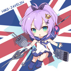 Rule 34 | 1girl, anchor, azur lane, bad id, bad pixiv id, blue footwear, blush, boots, bracelet, camisole, cannon, chain, character name, chibi, crown, full body, gloves, green eyes, hair between eyes, highres, holding, holding weapon, javelin, javelin (azur lane), jewelry, kyuujou komachi, looking at viewer, mini crown, name connection, object namesake, parted lips, plaid, plaid skirt, purple hair, purple skirt, single glove, skirt, solo, torpedo, turret, union jack, weapon, white camisole, white gloves