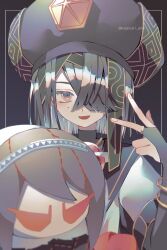 Rule 34 | 1girl, black hair, blue hat, brown eyes, character doll, chinese clothes, doll, fate/grand order, fate (series), gem, gloves, hair over eyes, hair over one eye, hat, highres, holding, holding doll, ichi se3nemui, long bangs, long sleeves, looking at viewer, mole, mole under eye, orb, robe, short hair, solo, space xu fu (fate), straight hair, upper body, v, white robe, wide sleeves, xu fu (fate)