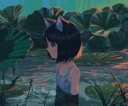Rule 34 | 1girl, absurdres, animal ear fluff, animal ears, aqua eyes, bare shoulders, black hair, blue camisole, blush, bob cut, camisole, collarbone, highres, kgt (pixiv12957613), leaf, looking to the side, medium hair, original, partially submerged, profile, solo, water