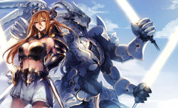 Rule 34 | 1girl, armor, breasts, brown hair, cleavage, extra arms, gauntlets, genyaky, hand on own hip, highres, holding, holding sword, holding weapon, horns, huge breasts, long hair, looking at viewer, monster, navel, open mouth, original, pointy ears, red eyes, sheath, shoulder armor, skirt, sky, standing, sword, weapon