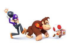 Rule 34 | 3boys, 3d, black overalls, blouse, bob-omb, clenched teeth, dice, donkey kong, donkey kong (series), full body, hat, male focus, mario (series), mario party, mario party: star rush, multiple boys, nintendo, official art, overalls, pointy ears, purple hat, purple shirt, shirt, smile, teeth, toad (mario), transparent background, waluigi