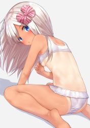 Rule 34 | 1girl, absurdres, alternate costume, ass, bikini, blue eyes, blush, breasts, commentary request, from behind, go-1, hair ornament, highres, kantai collection, long hair, looking at viewer, looking back, one-piece tan, ro-500 (kancolle), silver hair, simple background, sitting, small breasts, solo, swimsuit, tan, tanline, underboob, wariza, white bikini