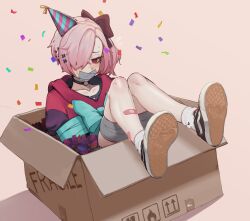 Rule 34 | 1girl, absurdres, bandaid, bandaid on leg, black choker, black hoodie, blush, bound, bound legs, bow, box, cardboard box, choker, collarbone, commentary, confetti, dutch angle, ear piercing, ear spike, english commentary, english text, eyelashes, feet up, foreshortening, gag, gagged, hair bow, hair ornament, hair over one eye, hat, highres, hood, hoodie, improvised gag, in box, in container, k-rha&#039;s, knees up, legs, medium hair, o-ring, o-ring choker, original, parted bangs, party hat, piercing, pink hair, red eyes, red hoodie, restrained, ringed eyes, shiny skin, shoes, unworn shoes, side ponytail, sidelocks, sitting, sleeves past wrists, sneakers, socks, solo, sweatdrop, tan background, tape, tape bondage, tape gag, thighs, variant set, violett (k-rha), white socks, x hair ornament