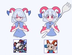 Rule 34 | :3, amulet, before and after, bow, chinese clothes, copyright notice, detached sleeves, earrings, eosd2002, goat horns, highres, holding, holding spork, horn bow, horn ornament, horns, jewelry, official art inset, own hands together, pointy ears, red eyes, sharp teeth, smile, smirk, spork, sunken fossil world, teeth, touhou, toutetsu yuuma, twitter username, unfinished dream of all living ghost, white background, white hair
