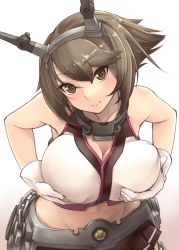 Rule 34 | 10s, 1girl, grabbing another&#039;s breast, breast hold, breasts, brown hair, chain, cleavage, covered erect nipples, gloves, grabbing, green eyes, headband, kantai collection, large breasts, midriff, miniskirt, mutsu (kancolle), short hair, skirt, smile, solo, white gloves, yasu (yossy)