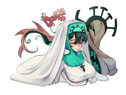 Rule 34 | 1girl, alternate color, breasts, character name, closed eyes, cross, cross necklace, crown, double (skullgirls), dual persona, green eyes, green hair, habit, jewelry, large breasts, monster, monster girl, necklace, nun, parted lips, shpr0ta, skullgirls, solo, upper body, white background
