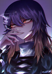 Rule 34 | 1girl, 33 gaff, absurdres, brown eyes, cigarette, cross-laced clothes, gradient background, gradient hair, hair between eyes, highres, hijiri byakuren, holding, holding cigarette, long hair, looking to the side, multicolored hair, open mouth, purple background, purple hair, smoke, smoking, solo, touhou, turtleneck, upper body