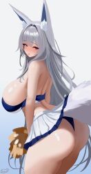 Rule 34 | 1girl, absurdres, alternate costume, animal ear fluff, animal ears, ass, azur lane, back, bare shoulders, blue eyes, blue panties, blush, breasts, cheerleader, commentary, cowboy shot, crop top, fox ears, fox girl, fox tail, gradient background, grey hair, hair intakes, highres, holding, holding pom poms, huge ass, huge breasts, impl chan, long hair, looking at viewer, looking back, microskirt, nose blush, panties, plump, pom pom (cheerleading), pom poms, shinano (azur lane), sideboob, signature, simple background, skirt, solo, tail, thick thighs, thighs, underwear, white skirt
