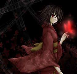 Rule 34 | 1girl, black hair, bug, butterfly, fatal frame, fatal frame 2, female focus, bug, japanese clothes, kimono, rattle, red eyes, short hair, solo, tachibana chitose