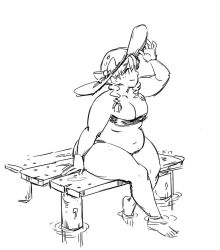 Rule 34 | 1girl, adjusting clothes, adjusting headwear, arm support, big belly, bikini, braid, breasts, cleavage, dock, fat, greyscale, hat, kinuko (kinucakes), large breasts, monochrome, navel, original, sitting, sketch, smile, soaking feet, solo, sun hat, swimsuit, thick thighs, thighs, twin braids, water, wide hips