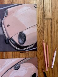 art_tools_in_frame car colored_pencil colored_pencil_(medium) commentary english_commentary hannah_(handrawnby) highres motor_vehicle no_humans original pencil photo_(medium) pink_car porsche_911 porsche_911_(classic) sports_car traditional_media vehicle_focus volkswagen volkswagen_beetle