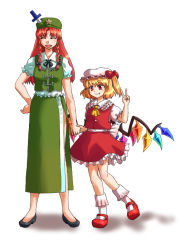 Rule 34 | 2girls, blonde hair, bow, braid, china dress, chinese clothes, dress, embodiment of scarlet devil, female focus, flandre scarlet, hair ribbon, hat, hat ribbon, holding hands, hong meiling, knife, mary janes, mizu mochi, mob cap, multiple girls, red hair, ribbon, shoes, side ponytail, skirt, socks, throwing knife, touhou, twin braids, v, weapon, white background, wings