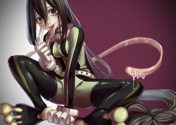 Rule 34 | 10s, 1girl, asui tsuyu, black hair, black legwear, bodysuit, boku no hero academia, boots, breasts, full body, gloves, hair rings, long hair, looking at viewer, low-tied long hair, solo, split-toe footwear, thigh boots, tongue, tongue out, very long hair, white gloves