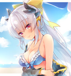 Rule 34 | 1girl, bare shoulders, beach, bikini, bikini top only, blue bikini, blue sky, bow, breasts, cleavage, cloud, collarbone, commentary, day, fate/grand order, fate (series), frilled bikini, frills, hair bow, horns, kiyohime (fate), kiyohime (swimsuit lancer) (third ascension) (fate), long hair, looking at viewer, medium breasts, outdoors, ponytail, red eyes, sazaki ichiri, silver hair, sky, smile, solo, swimsuit