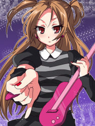 Rule 34 | 1girl, brown hair, detached sleeves, earrings, futaba 841, guitar, instrument, jewelry, long hair, lotte (pop&#039;n music), nail polish, pop&#039;n music, red eyes, red nails, shirt, solo, striped clothes, striped shirt, twintails