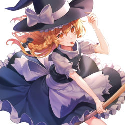 Rule 34 | 1girl, :p, adjusting clothes, adjusting headwear, apron, black ribbon, black skirt, black vest, blonde hair, braid, broom, broom riding, double-breasted, hair between eyes, hair ribbon, hat, hat ribbon, kirisame marisa, long hair, looking at viewer, puffy short sleeves, puffy sleeves, ribbon, ribbon-trimmed skirt, ribbon trim, shirt, short sleeves, simple background, skirt, solo, taranboman, tongue, tongue out, touhou, vest, waist apron, white background, white ribbon, white shirt, witch hat, yellow eyes
