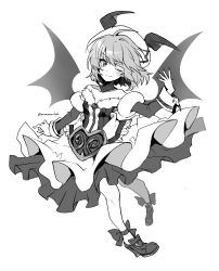 Rule 34 | 1girl, absurdres, bat wings, bow, closed mouth, curiosities of lotus asia, dress, full body, greyscale, hat, heart, highres, kamenozoki momomo, long sleeves, looking at viewer, monochrome, off shoulder, official alternate costume, one-hour drawing challenge, one eye closed, remilia scarlet, shoes, short hair, solo, touhou, twitter username, upper body, wings