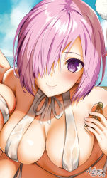 Rule 34 | 2018, 2girls, alternate costume, bare shoulders, blue sky, blush, bottle, breast press, breasts, cleavage, closed mouth, cloud, cloudy sky, collarbone, covered erect nipples, dated, day, eyelashes, fate/grand order, fate (series), fingernails, hair between eyes, hair over one eye, highres, holding, holding bottle, kojima saya, large breasts, leaning forward, looking at viewer, lotion, mash kyrielight, medium breasts, multiple girls, nail polish, outdoors, pink nails, purple eyes, purple hair, signature, sky, sunscreen