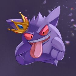 Rule 34 | blue gemstone, commentary request, creatures (company), crown, deleca7755, full body, game freak, gem, gen 1 pokemon, gengar, grey background, highres, looking at viewer, nintendo, no humans, open mouth, pink eyes, pokemon, pokemon (creature), smile, solo, teeth, tongue, tongue out