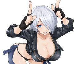 Rule 34 | 1girl, angel (kof), blue eyes, breasts, cleavage, clothing cutout, cropped jacket, horns pose, fingerless gloves, gloves, hair over one eye, highres, index fingers raised, jacket, kurosususu, large breasts, leaning forward, leather, leather jacket, looking at viewer, midriff, standing, the king of fighters, thigh cutout, thong, white background