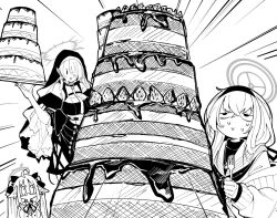 Rule 34 | 3girls, blue archive, bobonasudan, breasts, cake, cardigan, crossed bangs, emphasis lines, food, glass, greyscale, habit, hair between eyes, hair over one eye, halo, hinata (blue archive), holding, holding food, jitome, layer cake, long hair, long sleeves, medium breasts, monochrome, multiple girls, no mouth, nun, open cardigan, open clothes, school uniform, shimiko (blue archive), sweat, twintails, ui (blue archive), veil, | |
