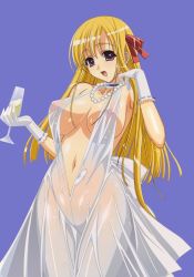 Rule 34 | 1girl, alcohol, beads, blonde hair, breasts, center opening, champagne, choker, collarbone, cup, cupping glass, dress, drinking glass, evening gown, gloves, gown, highres, hip focus, jewelry, kuroda kazuya, large breasts, long hair, navel, necklace, nipples, open mouth, purple background, purple eyes, ribbon, see-through, simple background, smile, solo, tongue, transparent, wet, wet clothes, white gloves, wine